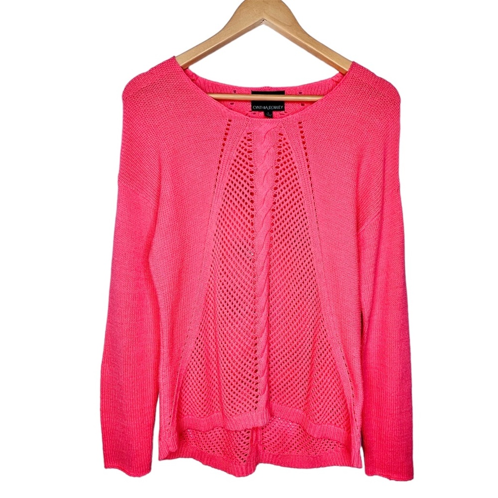 Cynthia Rowley Cable Open Knit Lightweight Sweater Size Large Hot Coral Pink